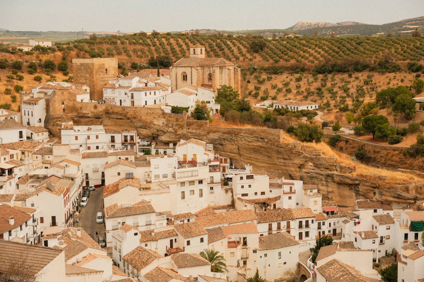 Bright Andalusian hillside with white buildings and olive trees near Bailén