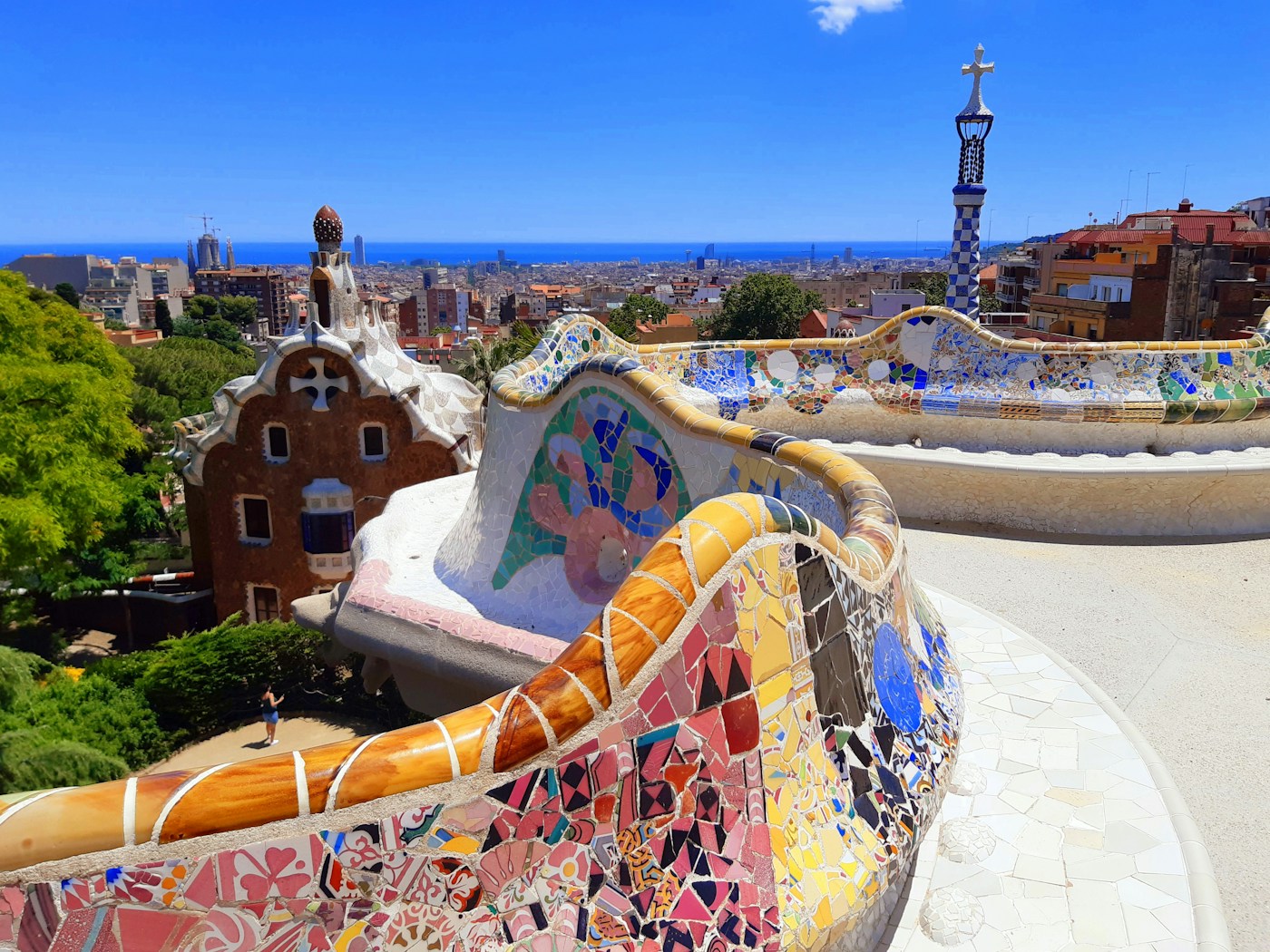 Colorful mosaic terrace and architecture at Park Güell in Barcelona