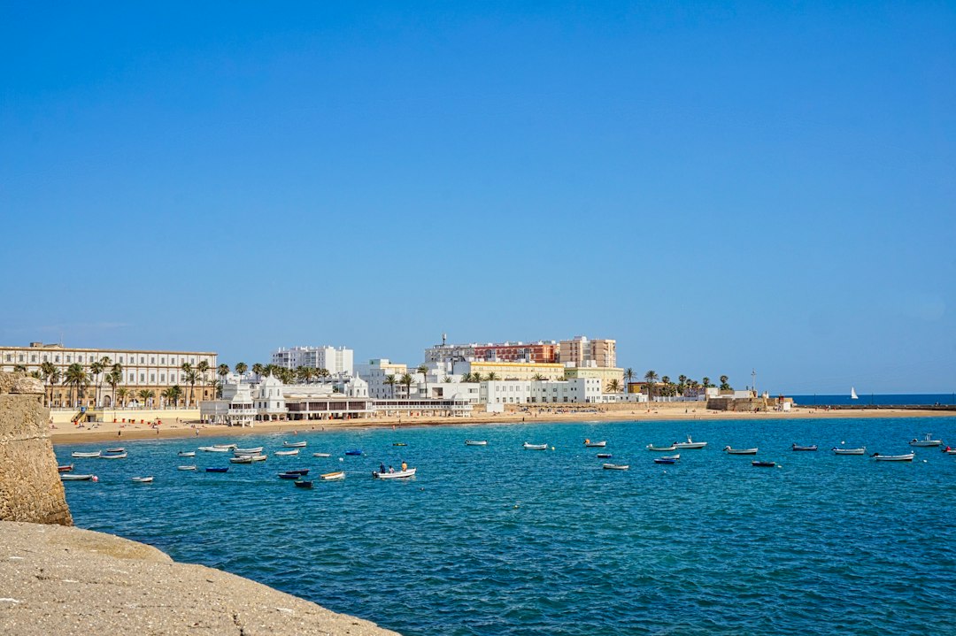 Boats on the water with the city of Cádiz in the background
