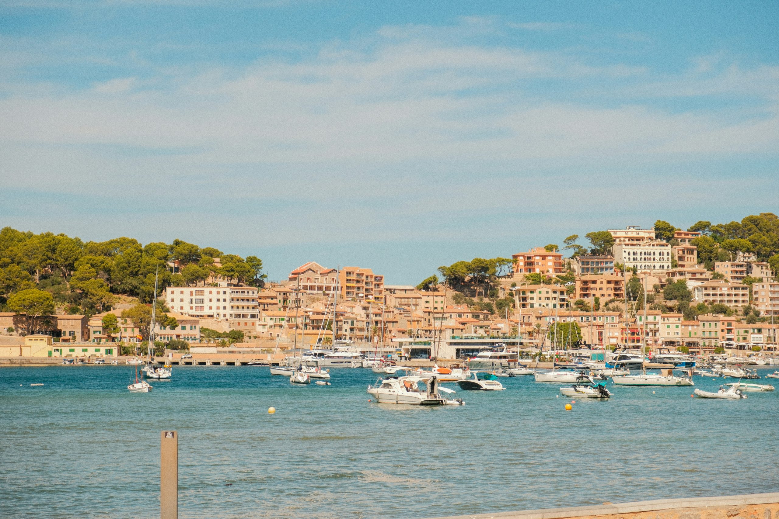 Boats moored in a sunny Mediterranean harbour