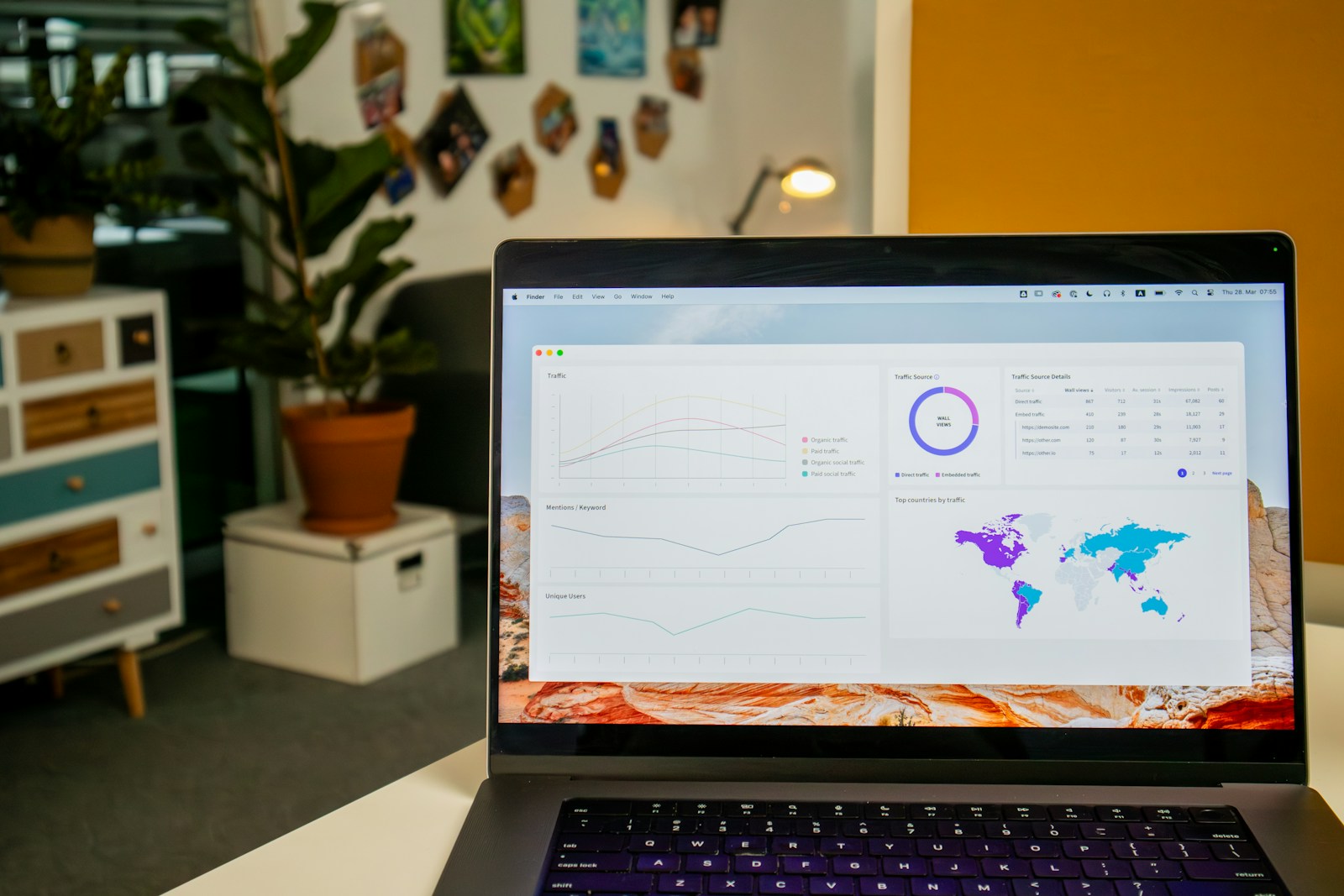 Bright modern workspace showing digital marketing and website analytics