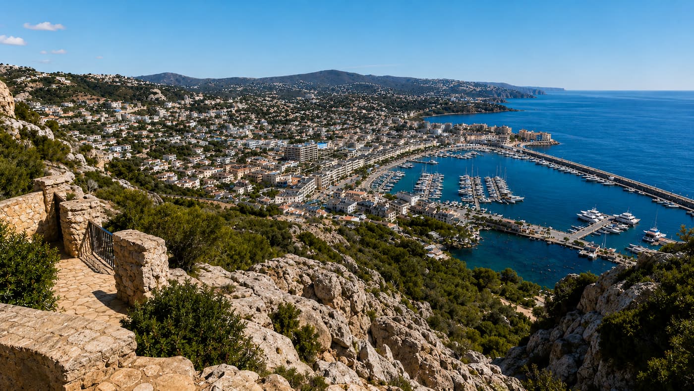 Panoramic view of Moraira marina, white coastal homes and Mediterranean sea
