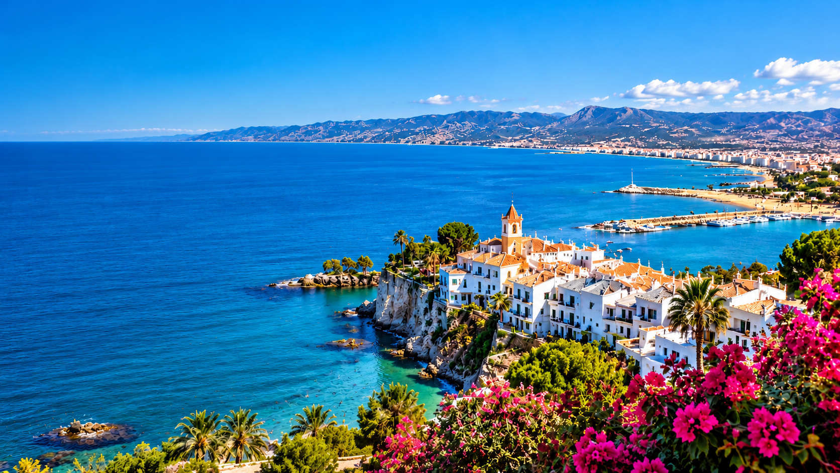 Spanish Mediterranean coastline with white buildings and blue sea